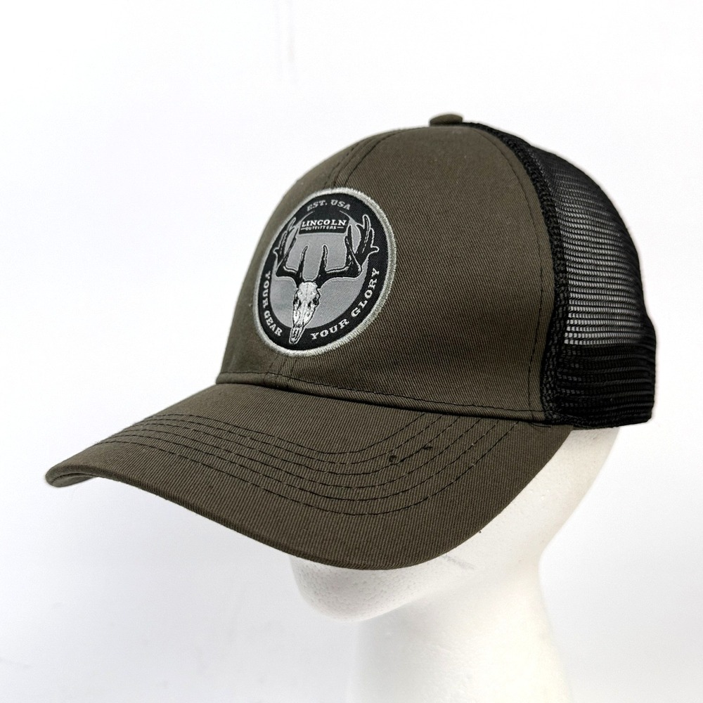 Lincoln‎ Outfitters Trucker Hat Deer Skull Patch Snapback Olive Green Black Mesh
